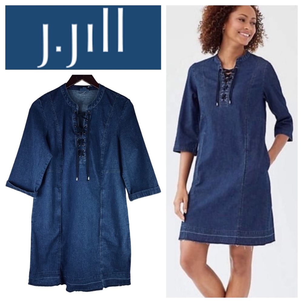 J Jill Denim Jean Dress Sz Medium Petite MP Blue Lace Up Front Raw Hem Shift